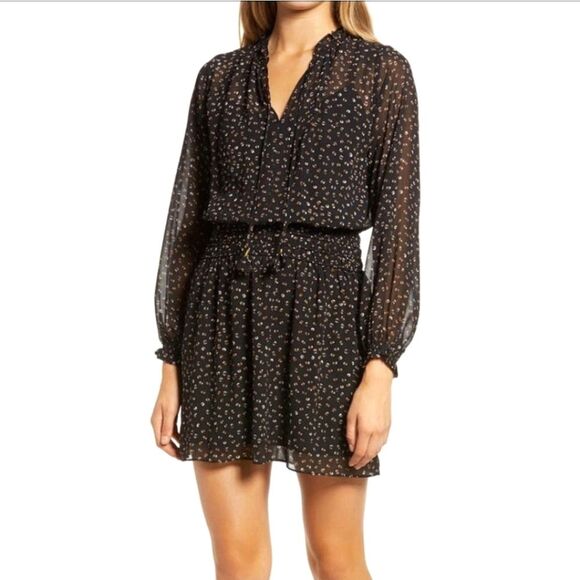 SOCIALITE Long Sleeve Semi-sheer Black Dress With Brown & White Dots Size Small - Picture 1 of 9